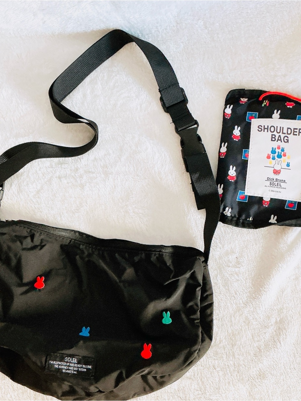 NWOT fabric Soleil Miffy light weight crossbody bag / purse storage pouch black